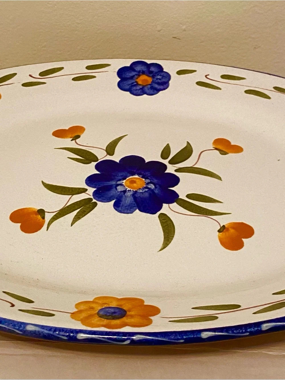 Vintage Furio Made in Italy Ceramic Floral Large 16”x13” Platter, White & Blue.
